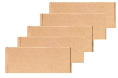 Cardboard boxes are the same located in a row diagonally. Isolated on a white background