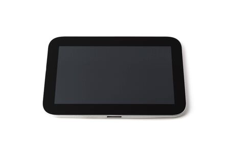 Tablet computer on white background, black frame, grey screen, isolated