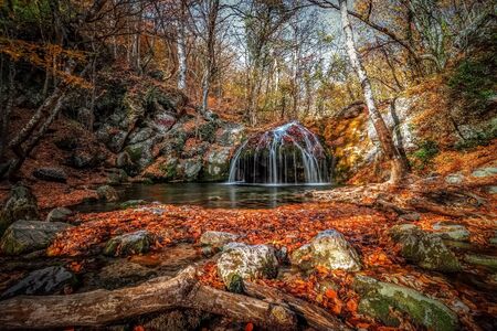 Waterfall in the forest in autumn among the fallen colorful bright leaves.の写真素材