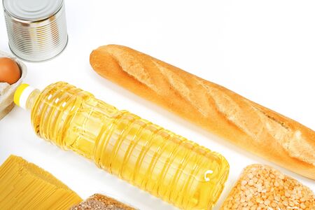 Food delivery, donation, food supply, copyspace. On a white background, buckwheat, pasta, sugar,...