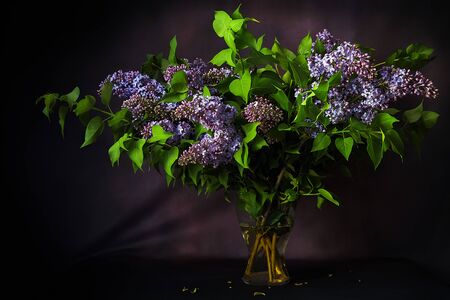 bouquet of beautiful spring lilac flowers on a table on a dark backgroundの写真素材