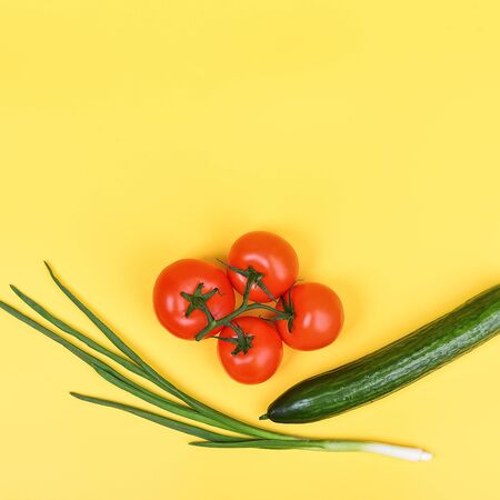 vegetables on a yellow background. Delivery, donation, coronavirus copyspaceの写真素材