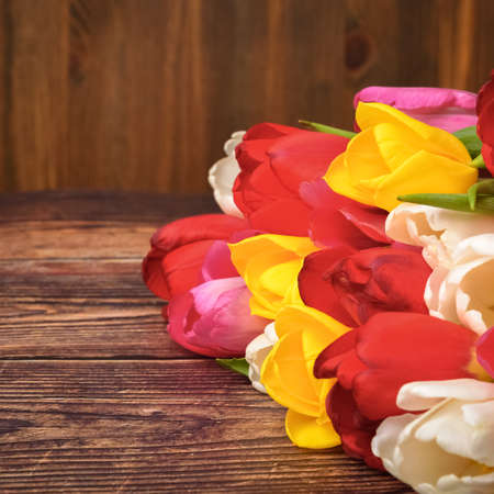 Large bright bouquet of multi-colored tulips on wooden boards of dark brown color.の写真素材