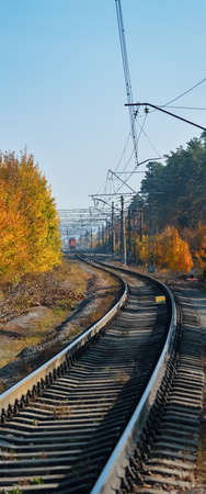 The railway passes through a beautiful autumn forest with colorful trees.の写真素材