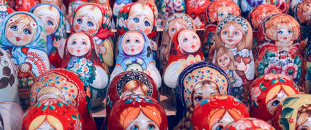 Colorful Russian nesting dolls matreshka at the market. Matrioshka Nesting dolls are the most popular souvenirs from Russiaのeditorial素材