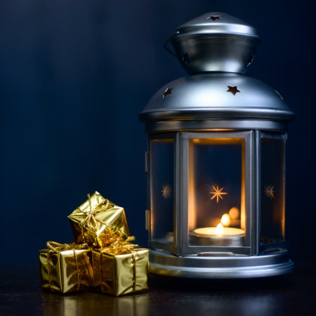 Christmas card: lantern with candles, bright shiny boxes with gifts on a dark blue background.の写真素材