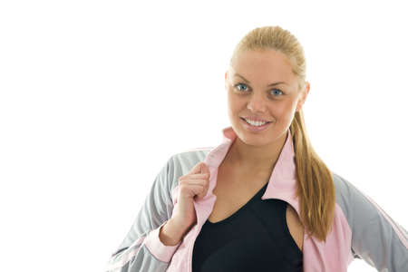 Happy young women in fitness outfit. Isolated on whiteの写真素材