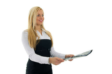Young business women giving away a report. Isolated on whiteの写真素材