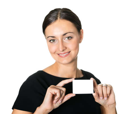 Young beautiful woman presenting her business cardの写真素材