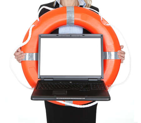Beautiful businesswoman with life buoy. Isolated on whiteの写真素材