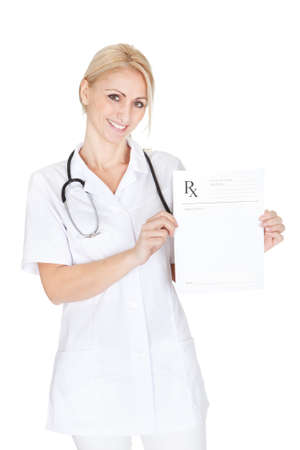 Cheerful medical doctor woman giving away prescription. Isolated on whiteの写真素材