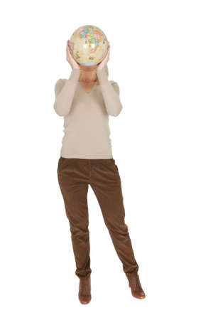 Portrail of beautiful woman holding a globe. Isolated on whiteの写真素材