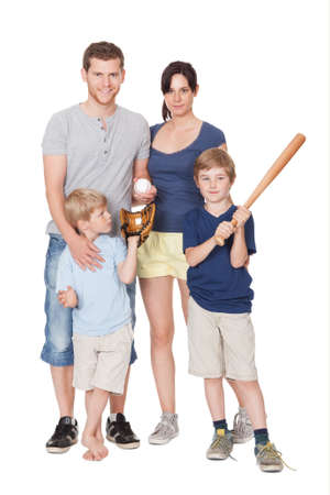 Happy family with children ready for vacation. Isolated on whiteの写真素材