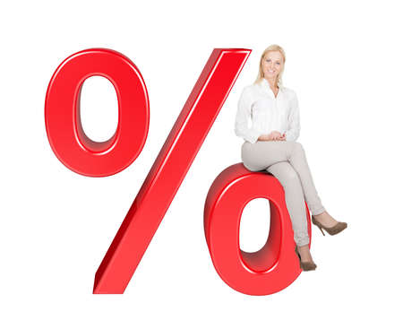 Woman Sitting On % Sale Sign. Isolated On White Backgroundの写真素材