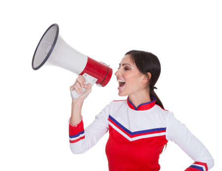 Beautiful Woman Shouting In Megaphone. Isolated On White