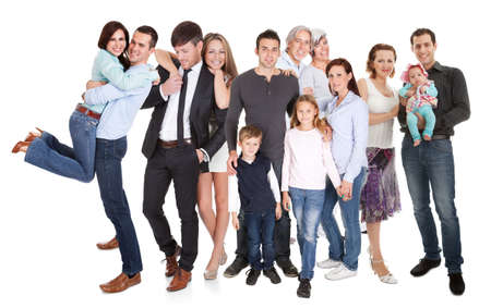 Several families with kids and couples. Isolated on white