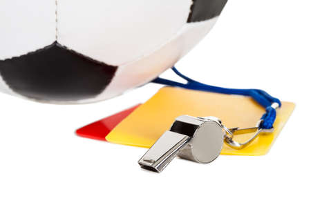 Soccer ball, whistle and cards. Isolated on whiteの写真素材