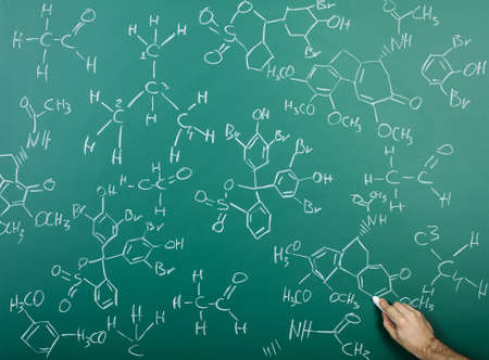 Organic chemical formulas on a green chalkboardの写真素材