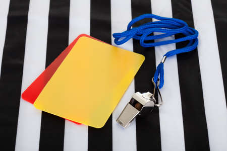 Soccer ball, whistle and cards. Isolated on whiteの写真素材