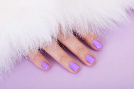 Close-up Of Beautiful Fingers Below Fur Isolated Over Purple Backgroundの写真素材