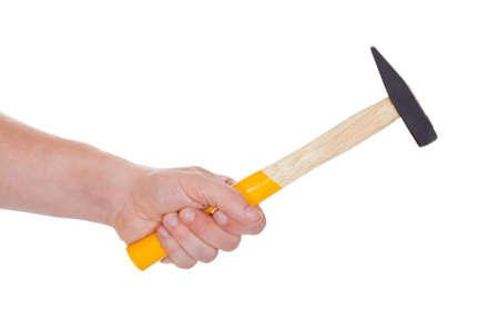 Close-up Of Hand Holding Hammer Isolated Over White Backgroundの写真素材