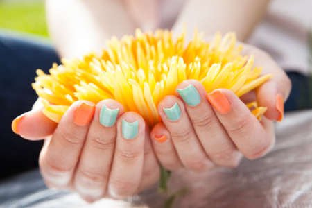 Close-up Of Woman's Hands With Nail Varnish On Flowerの写真素材