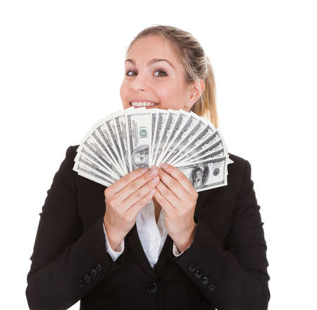 Happy Businesswoman Holding Us Dollar Note On White Background