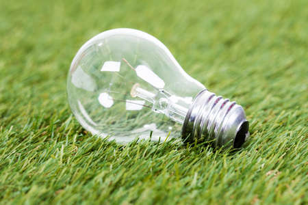 Close-up Of Light Bulb On Green Grassの写真素材