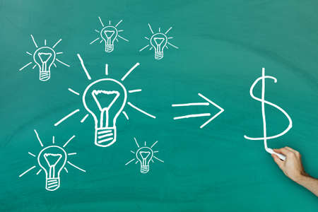 Convert ideas into cash concept on green blackboardの写真素材