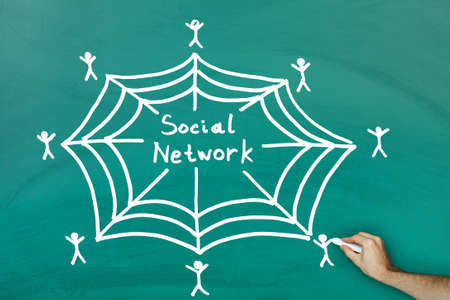 Hand drawing social network concept on green blackboardの写真素材