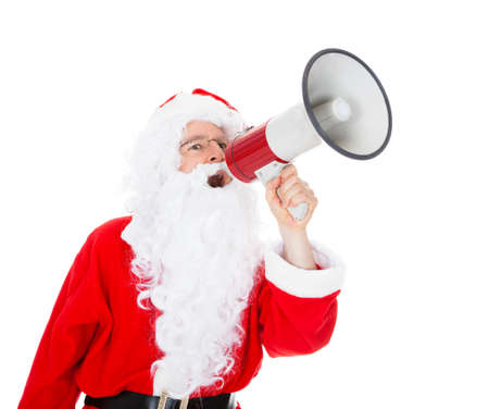 Portrait of santa shouting in megaphone over white backgroundの写真素材