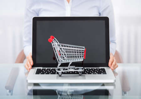 Close-up Of Businessperson With Shopping Cart Over A Laptop