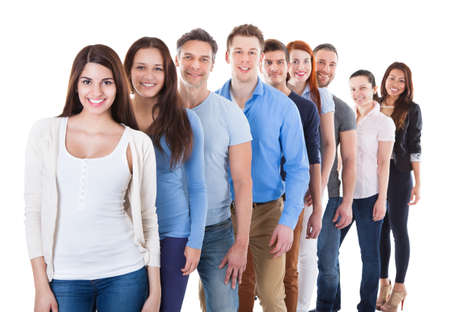 Diverse group of people standing in row. Isolated on white