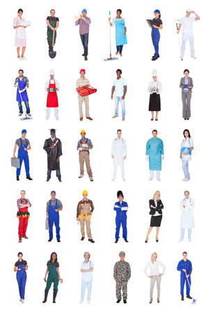 Collage of multiethnic people with various occupations standing against white backgroundの写真素材