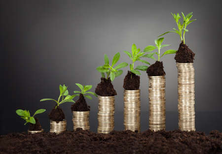 Saplings on stack of coins representing growth against black backgroundの写真素材