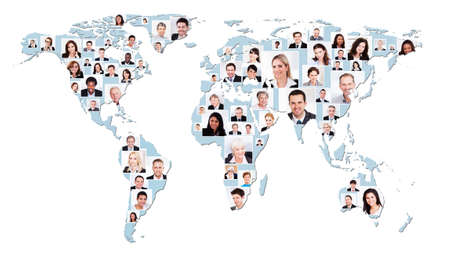 Collage of multiethnic business people on world map representing global business. Source of...