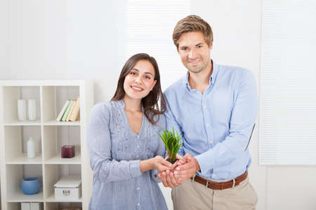 Portrait of couple holding fresh green sprout at homeの写真素材