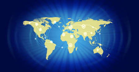 Illustration of world map representing global business against blue background. Source of reference map: http://visibleearth.nasa.gov/view.php?id=74518. Illustration was created on the 15th of May, 2014 using Photoshop CS5. 1 layer of data was used for thの写真素材