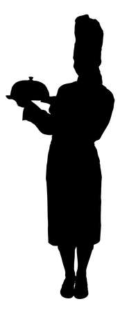 Full length of silhouette chef holding tray against white background. Vector imageのイラスト素材