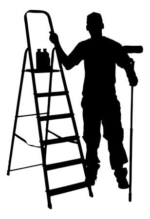 Full length of silhouette painter with ladder standing against white background. のイラスト素材