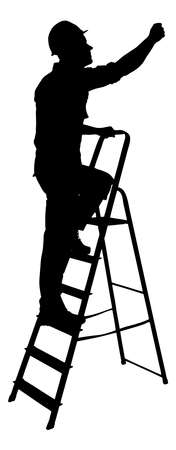 Full length of silhouette construction worker climbing on ladder against white background.のイラスト素材