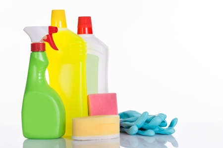Set of cleaning supplies. Isolated on white backgroundの写真素材