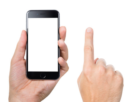Berlin; Germany - October 10; 2014: Cropped image of man's hand gesturing while holding Apple iPhone 6 with blank screen against white background. Apple iPhone6 was launched on September 19; 2014のeditorial素材