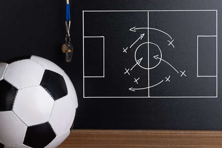 Football Play Strategy Drawn Out On A Chalk Board With Soccerの写真素材