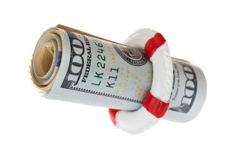 Life Belt Protecting Dollar Banknote Over White Background