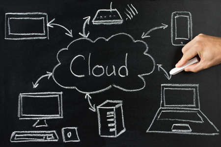 Person Drawing Cloud Network Server On Blackboard With White Chalkの写真素材
