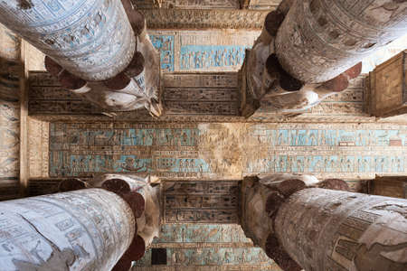 Hieroglyphs And Carved Paintings On The Ceiling Of The Dendera Templeの写真素材