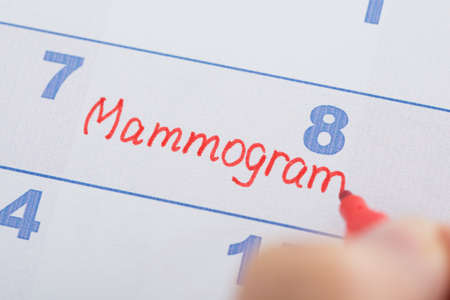 Person Hand With Mammogram Appointment Written On Calendar