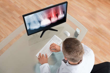 Young Male Dentist Looking At Teeth X-ray On Computer