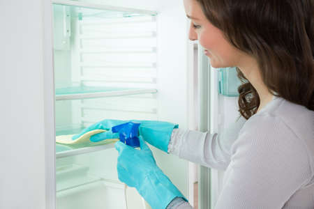 Close-up Of Happy Woman Cleaning Shelf Of Fridge With Ragの写真素材